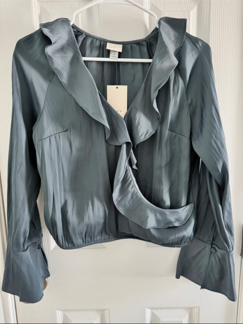a new day Slate Blue Ruffled Satin Blouse